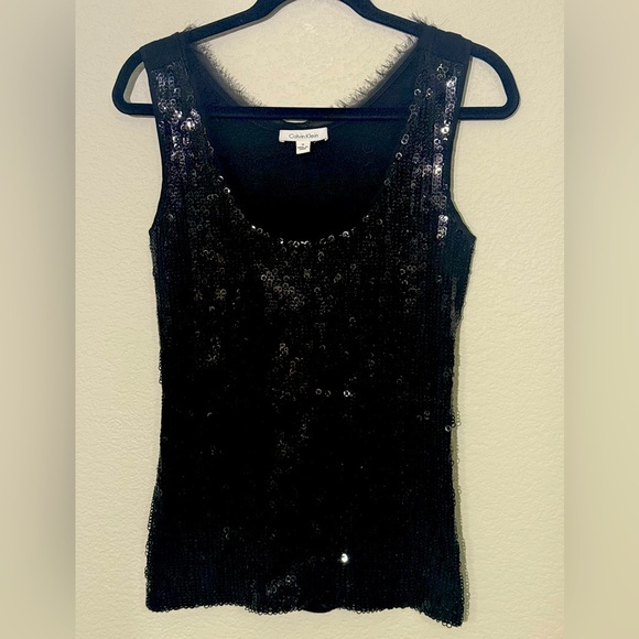 Calvin Klein black Sequin Tank Top with Eyelash Fringe, Medium or M - Picture 2 of 5